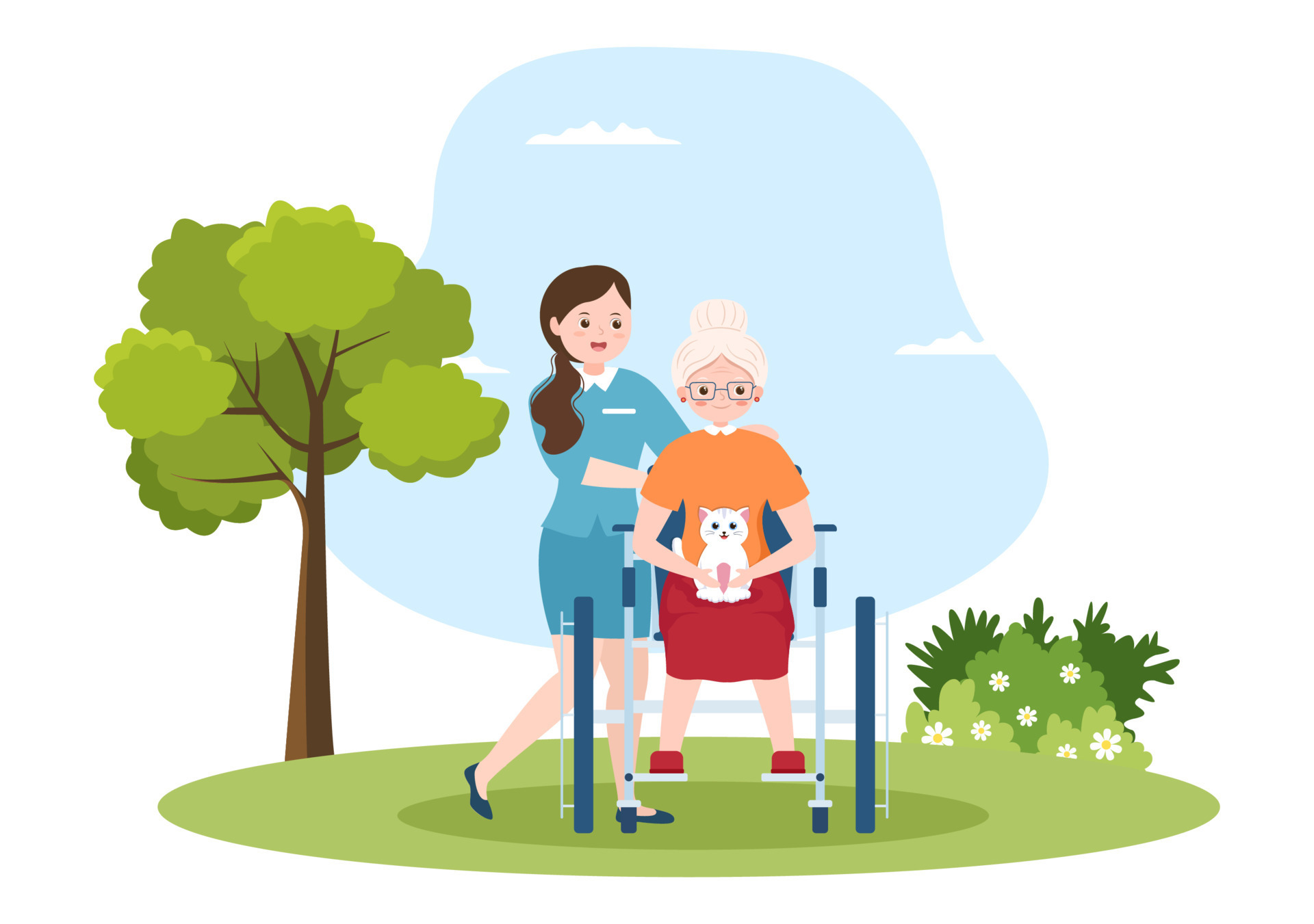 Elderly Care Services Hand Drawn Cartoon Flat Illustration With Caregiver Nursing Home Assisted Living And Support Design Vector